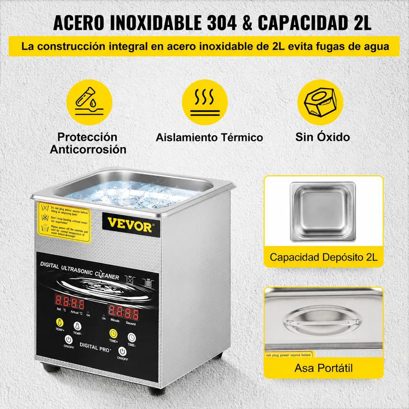 VEVOR Limpiador Ultrasónico Mejorado 2 L Calentador de 100 W a Ultrasónico de 60 W Limpiador de Piezas Ultrasónico de Laboratorio Digital con Temporizador para Limpieza de Piezas de Joyería