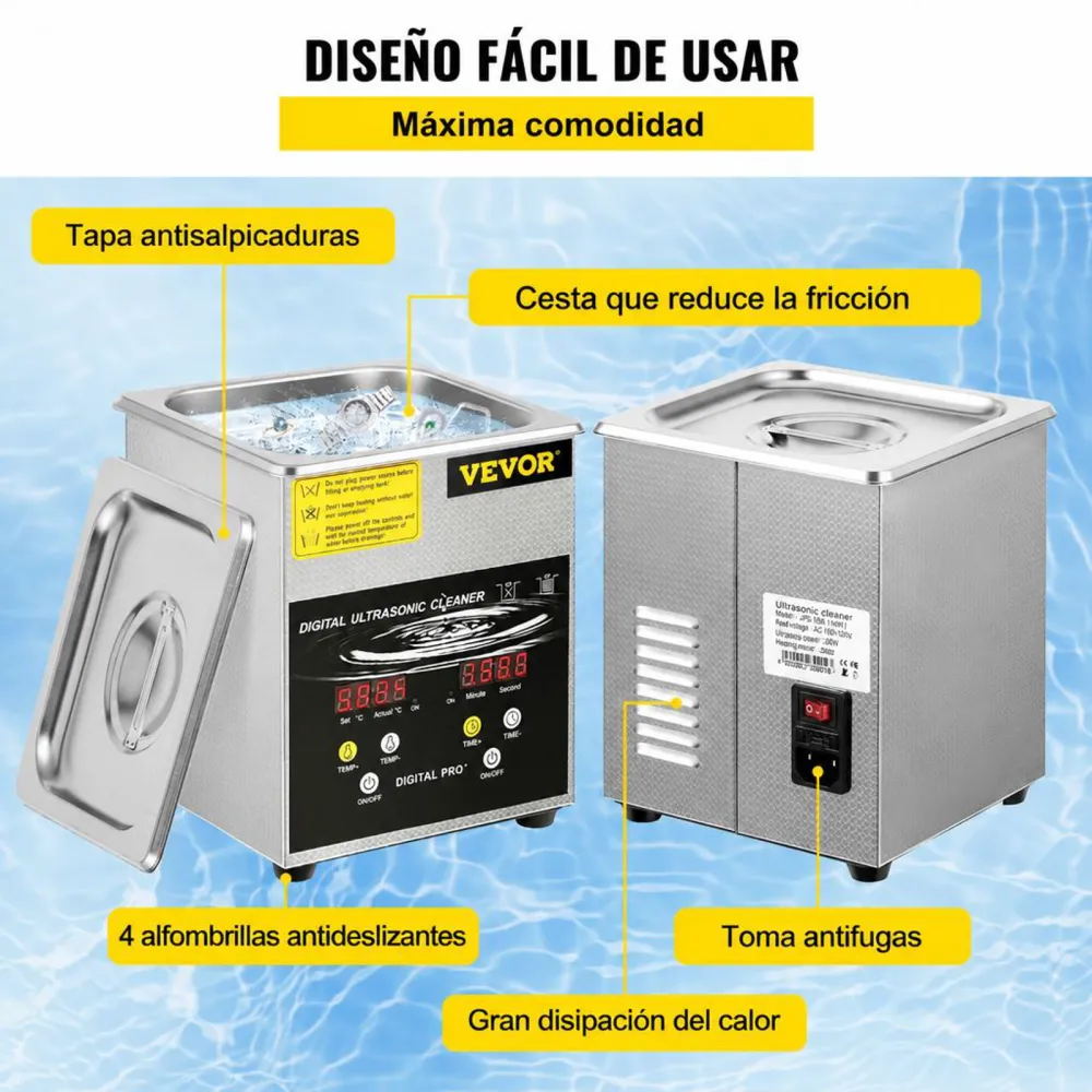 VEVOR Limpiador Ultrasónico Mejorado 2 L Calentador de 100 W a Ultrasónico de 60 W Limpiador de Piezas Ultrasónico de Laboratorio Digital con Temporizador para Limpieza de Piezas de Joyería