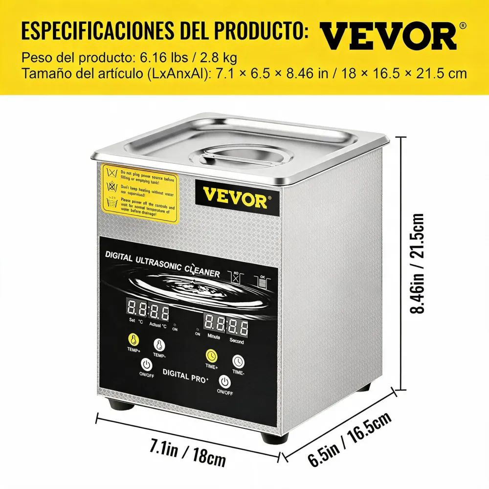 VEVOR Limpiador Ultrasónico Mejorado 2 L Calentador de 100 W a Ultrasónico de 60 W Limpiador de Piezas Ultrasónico de Laboratorio Digital con Temporizador para Limpieza de Piezas de Joyería