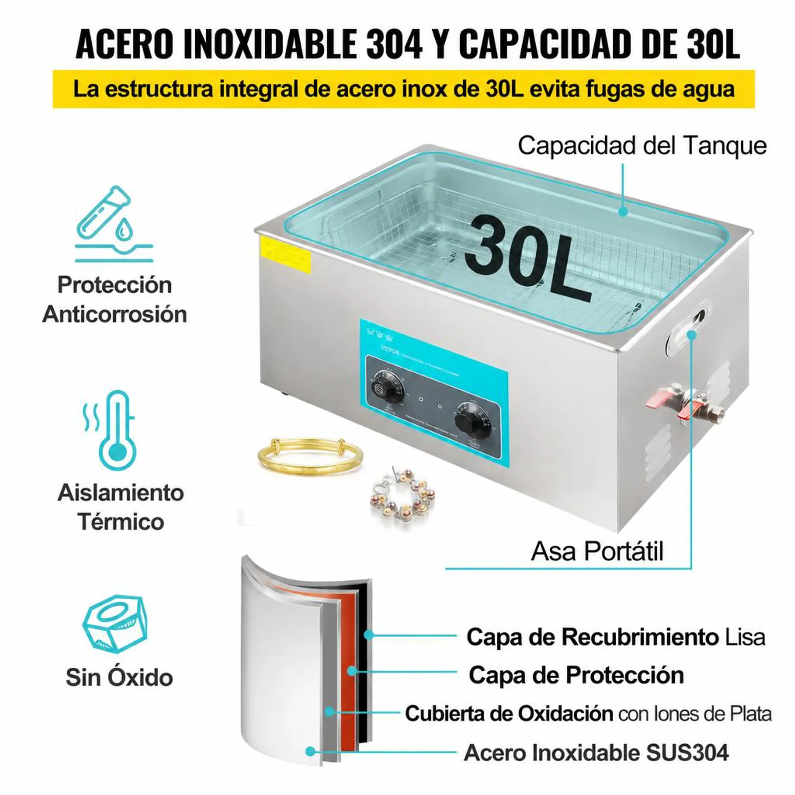 VEVOR Limpiador Ultrasónico 30 L Máquina de Limpieza Ultrasónica para Joyas