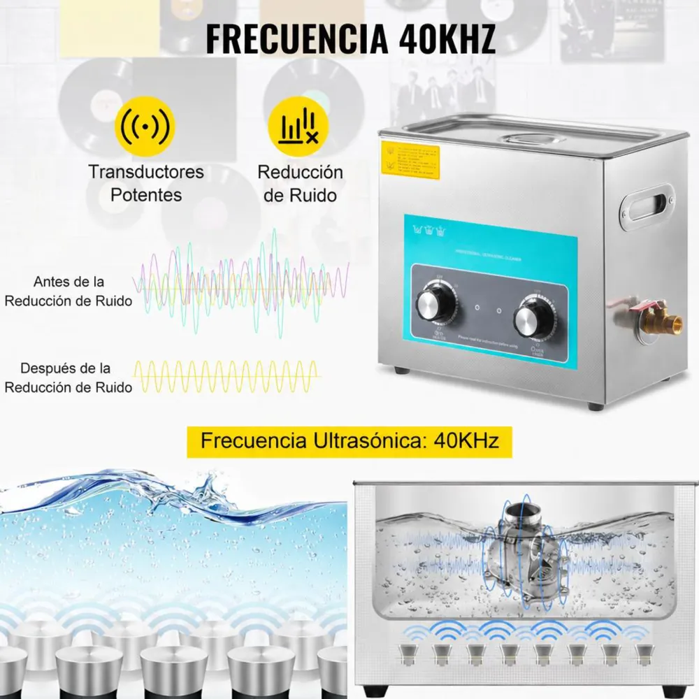 VEVOR Limpiador Ultrasónico 6.5 L, Limpiador Ultrasónico Profesional 180W con Calentador Ajustable Máquina de Limpieza Ultrasónica con 2 Perillas Potente Frecuencia 40 kHz para Joyas y Gafas