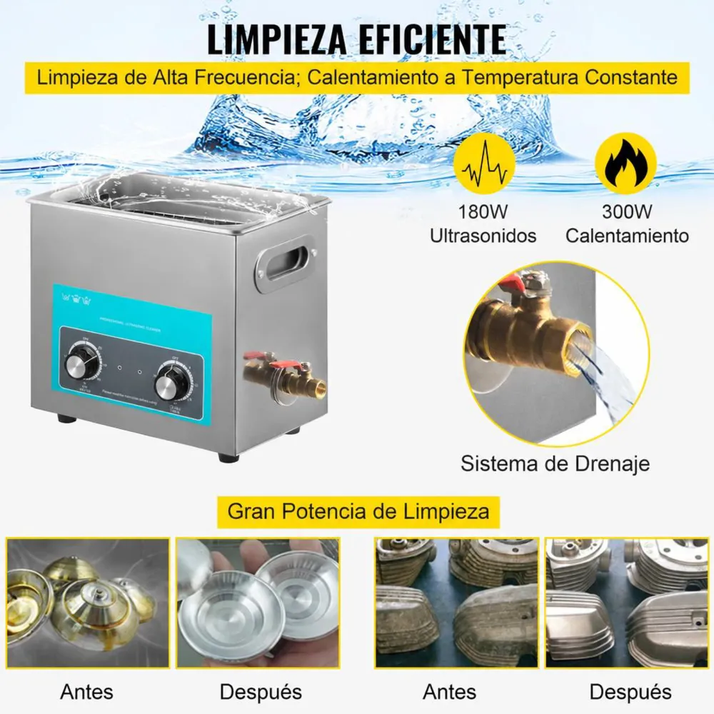 VEVOR Limpiador Ultrasónico 6.5 L, Limpiador Ultrasónico Profesional 180W con Calentador Ajustable Máquina de Limpieza Ultrasónica con 2 Perillas Potente Frecuencia 40 kHz para Joyas y Gafas