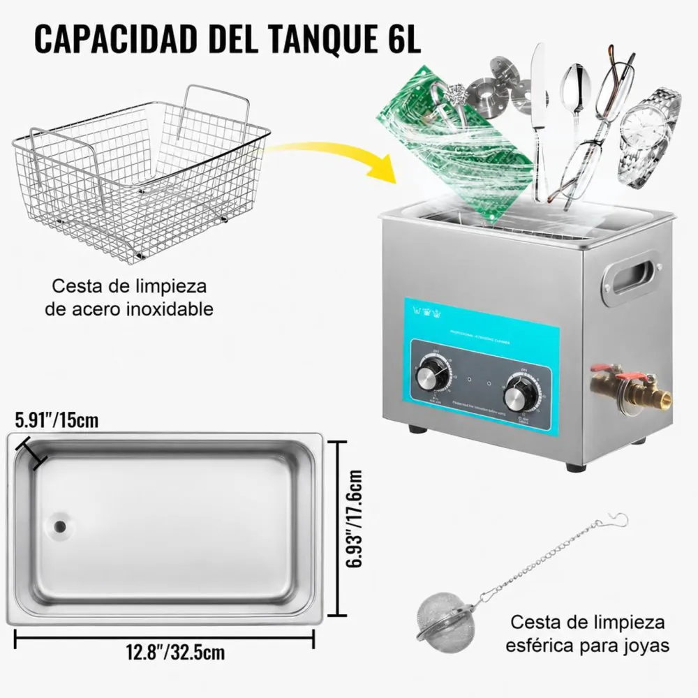 VEVOR Limpiador Ultrasónico 6.5 L, Limpiador Ultrasónico Profesional 180W con Calentador Ajustable Máquina de Limpieza Ultrasónica con 2 Perillas Potente Frecuencia 40 kHz para Joyas y Gafas