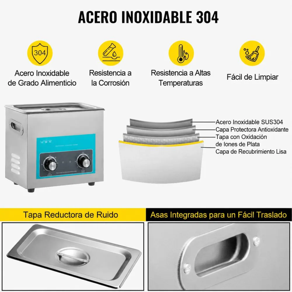 VEVOR Limpiador Ultrasónico 6.5 L, Limpiador Ultrasónico Profesional 180W con Calentador Ajustable Máquina de Limpieza Ultrasónica con 2 Perillas Potente Frecuencia 40 kHz para Joyas y Gafas