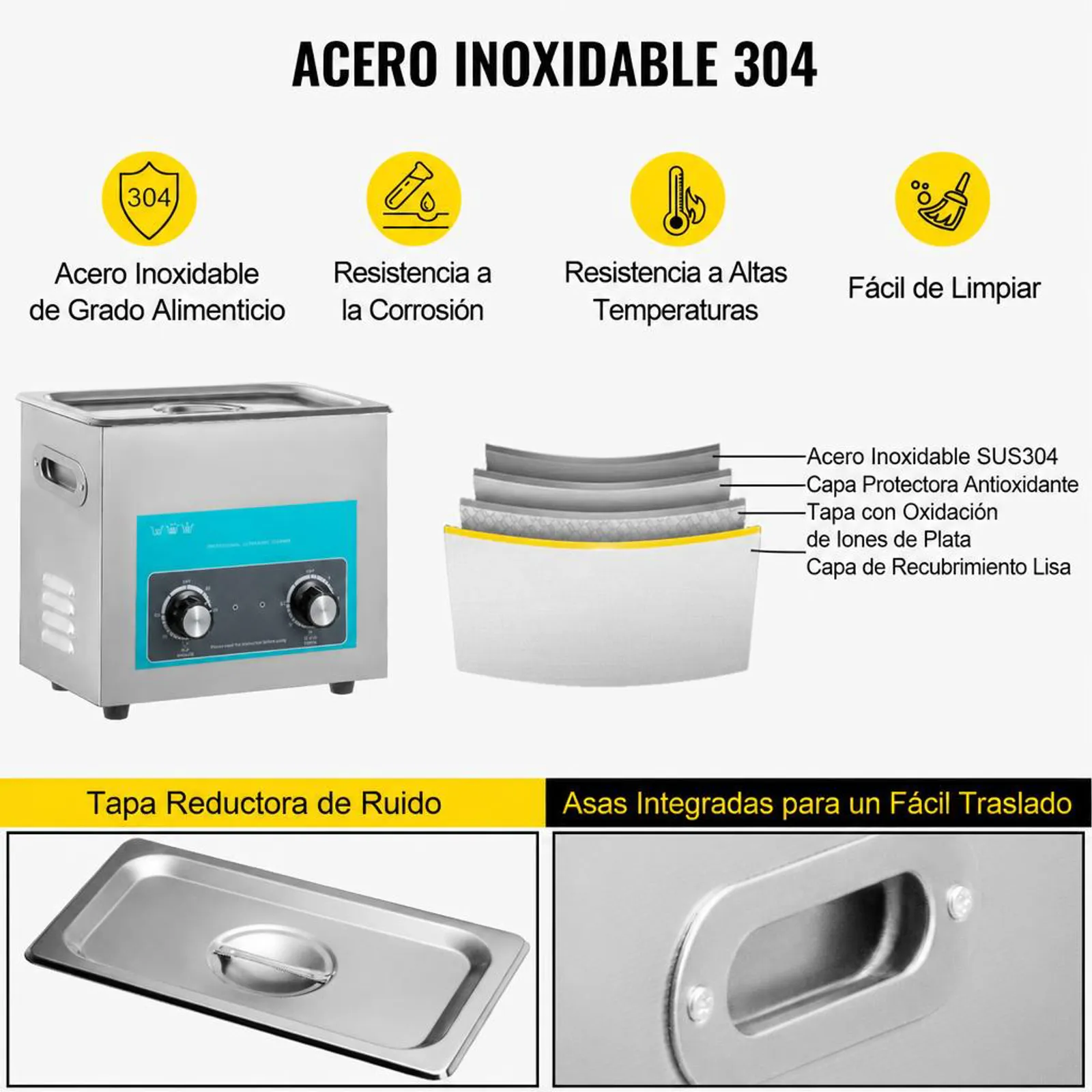 VEVOR Limpiador Ultrasónico 6.5 L, Limpiador Ultrasónico Profesional 180W con Calentador Ajustable Máquina de Limpieza Ultrasónica con 2 Perillas Potente Frecuencia 40 kHz para Joyas y Gafas