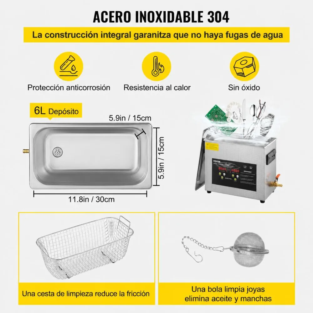 VEVOR Limpiador Ultrasónico Mejorado 6 L Calentador Ultrasónico de 180 W y 200 W Limpiador de Piezas Ultrasónico de Laboratorio Digital con Temporizador para Limpieza de Herramientas Joyerías Gafas