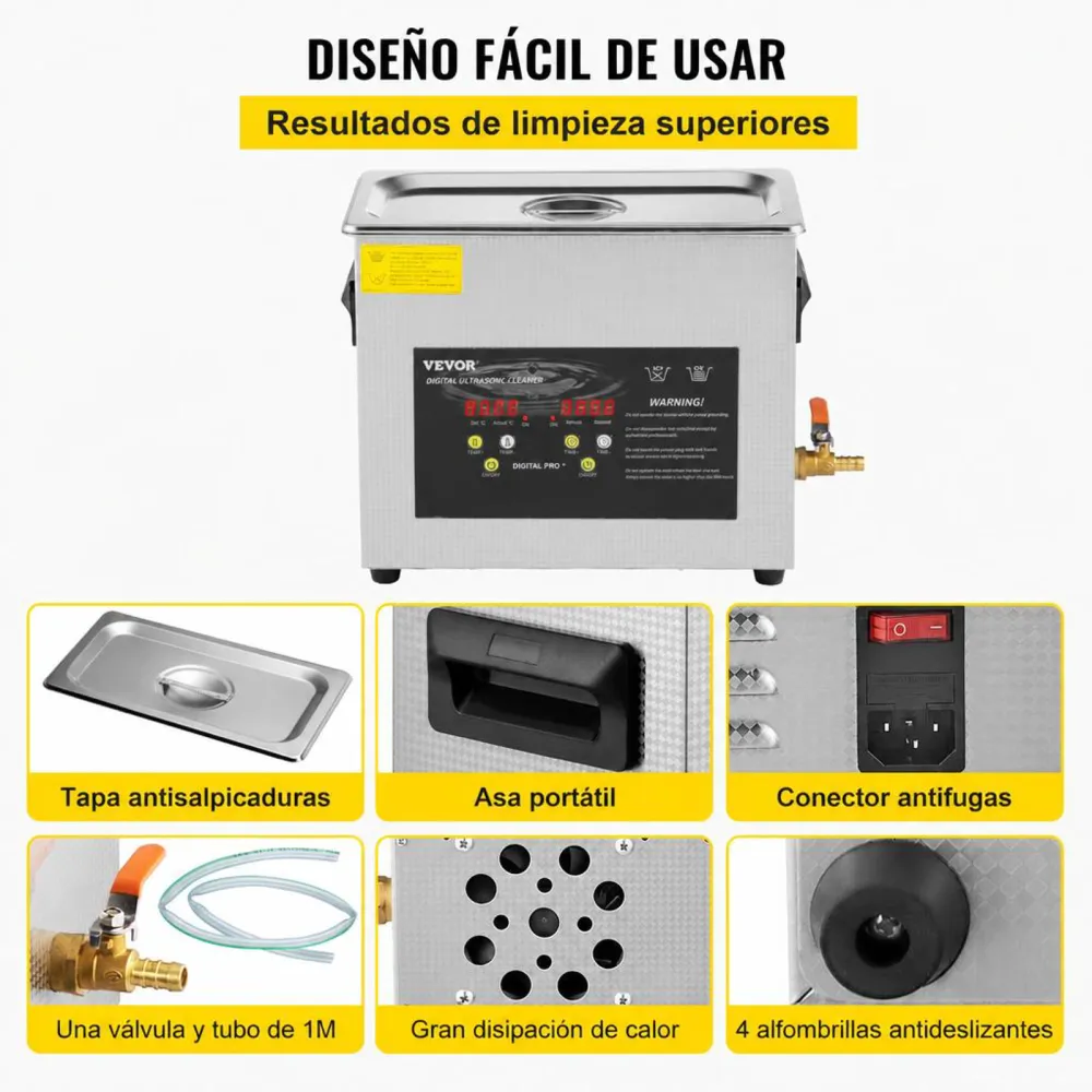 VEVOR Limpiador Ultrasónico Mejorado 6 L Calentador Ultrasónico de 180 W y 200 W Limpiador de Piezas Ultrasónico de Laboratorio Digital con Temporizador para Limpieza de Herramientas Joyerías Gafas