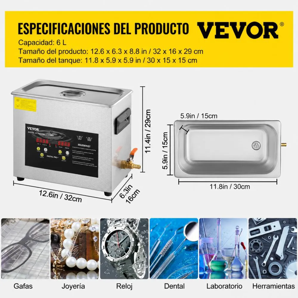 VEVOR Limpiador Ultrasónico Mejorado 6 L Calentador Ultrasónico de 180 W y 200 W Limpiador de Piezas Ultrasónico de Laboratorio Digital con Temporizador para Limpieza de Herramientas Joyerías Gafas