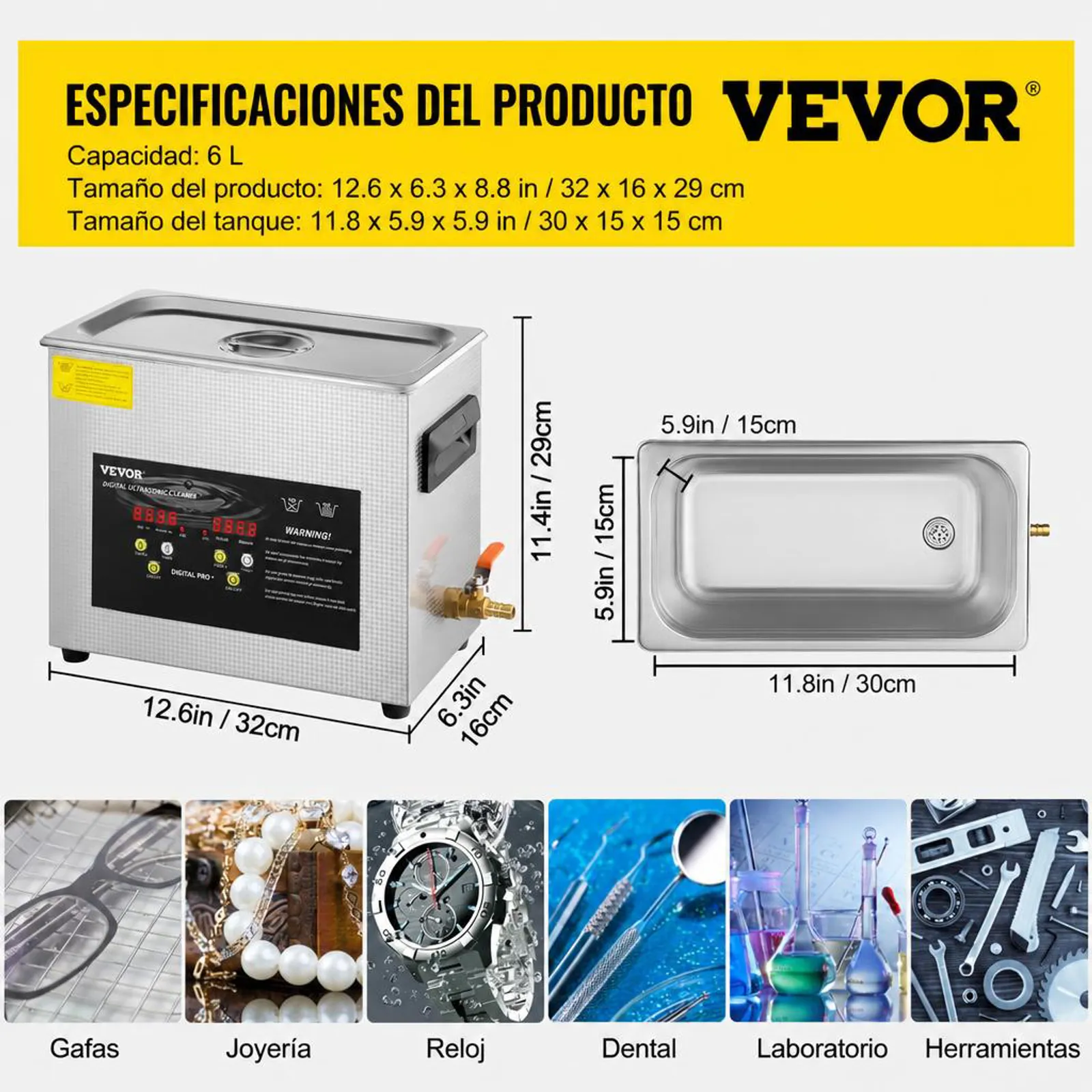 VEVOR Limpiador Ultrasónico Mejorado 6 L Calentador Ultrasónico de 180 W y 200 W Limpiador de Piezas Ultrasónico de Laboratorio Digital con Temporizador para Limpieza de Herramientas Joyerías Gafas