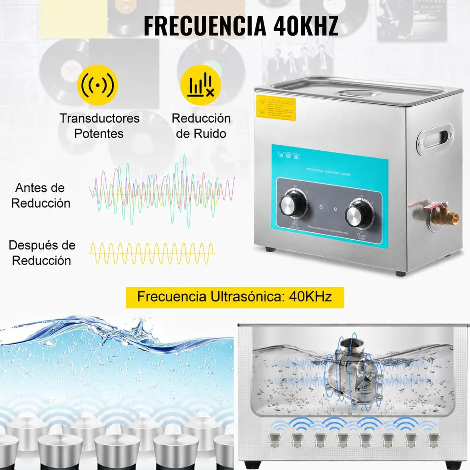 VEVOR Limpiador Ultrasónico 6 L Control de Máquina de Limpieza Ultrasónica con Perilla de Acero Inoxidable 304 con Temporizador de Calentador para Joyas, Relojes, Gafas, Instrumentos Dentales