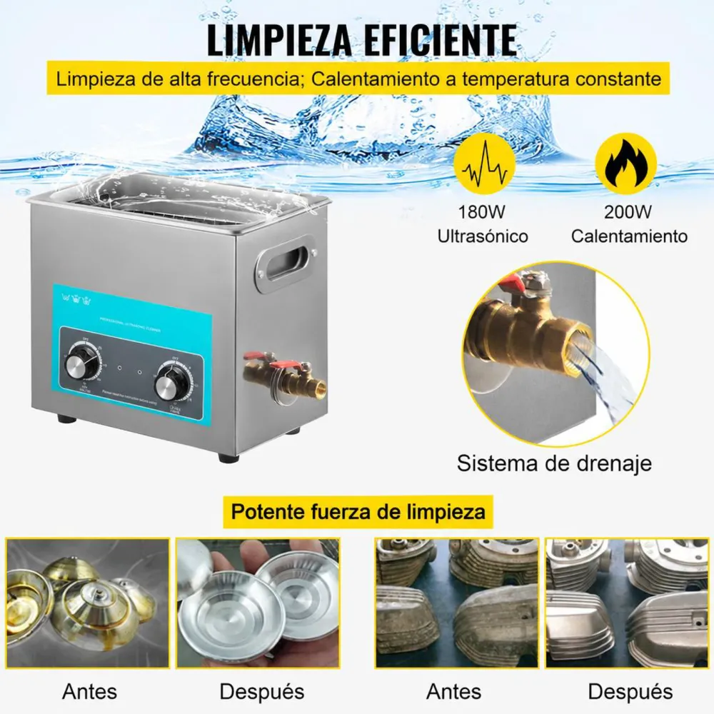 VEVOR Limpiador Ultrasónico 6 L Control de Máquina de Limpieza Ultrasónica con Perilla de Acero Inoxidable 304 con Temporizador de Calentador para Joyas, Relojes, Gafas, Instrumentos Dentales