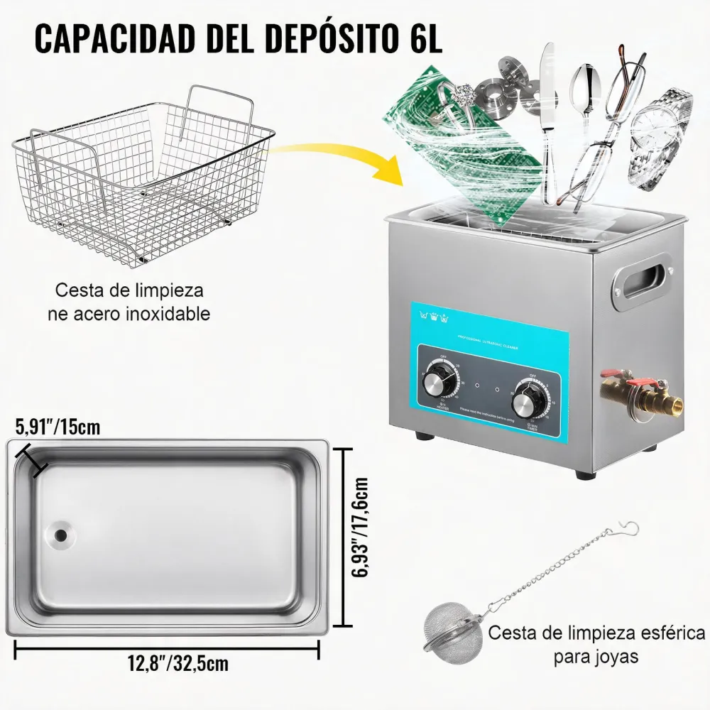 VEVOR Limpiador Ultrasónico 6 L Control de Máquina de Limpieza Ultrasónica con Perilla de Acero Inoxidable 304 con Temporizador de Calentador para Joyas, Relojes, Gafas, Instrumentos Dentales