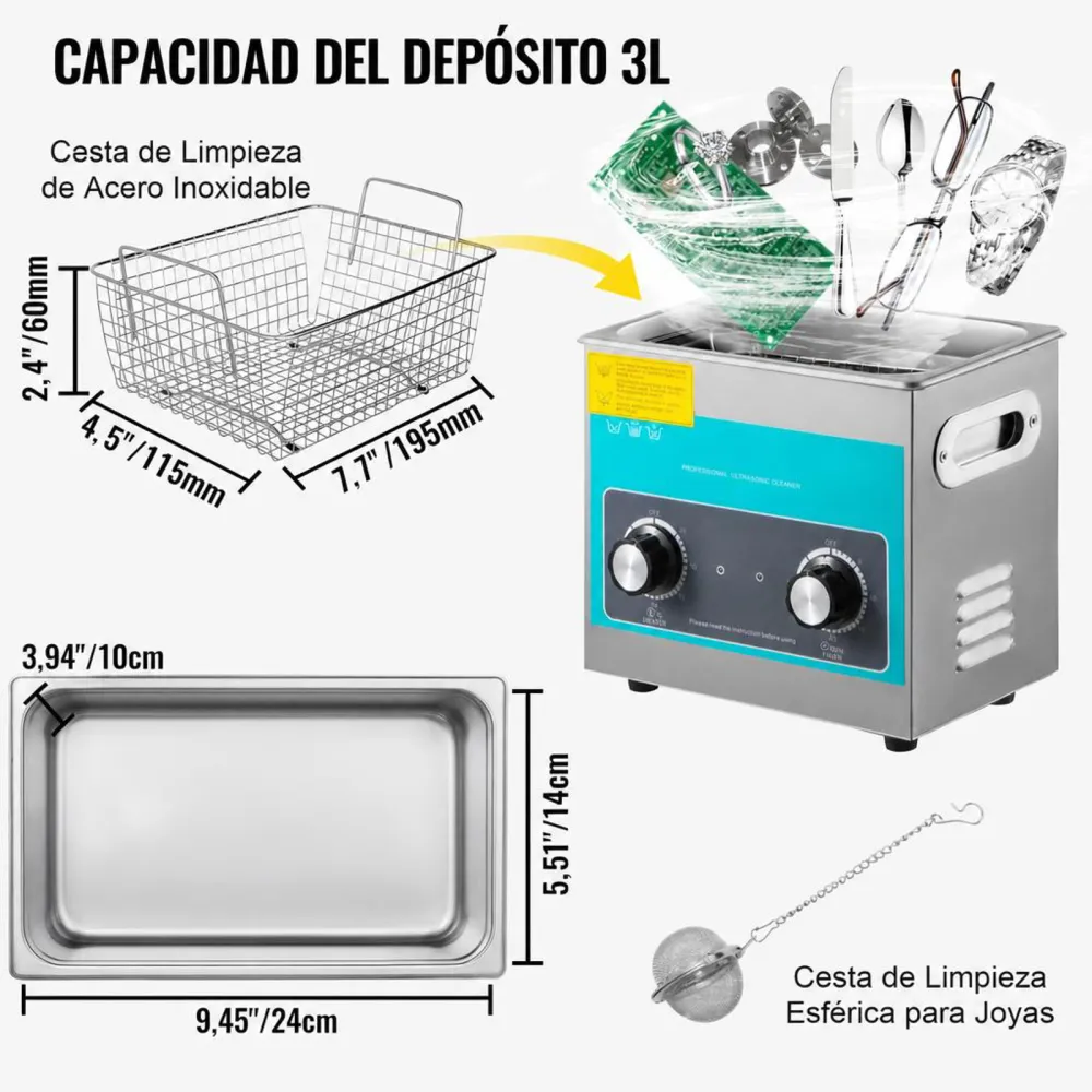VEVOR Limpiador Ultrasónico 3L Limpiador Ultrasónico de Acero Inoxidable Temporizador y Calentador Limpiador Ultrasónico Profesional 40kHz 120W con Cesta Máquina de Limpieza para Metálicos Joyas Gafas