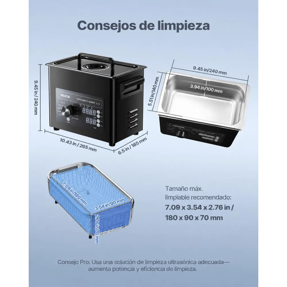 VEVOR Limpiador Ultrasónico 3 L, Máquina de Ultrasonido para Limpieza con Control de Perilla, de Acero Inoxidable, con Cesta y Bola de Limpieza para Relojes, Maquinillas de Afeitar, Joyas, Negro