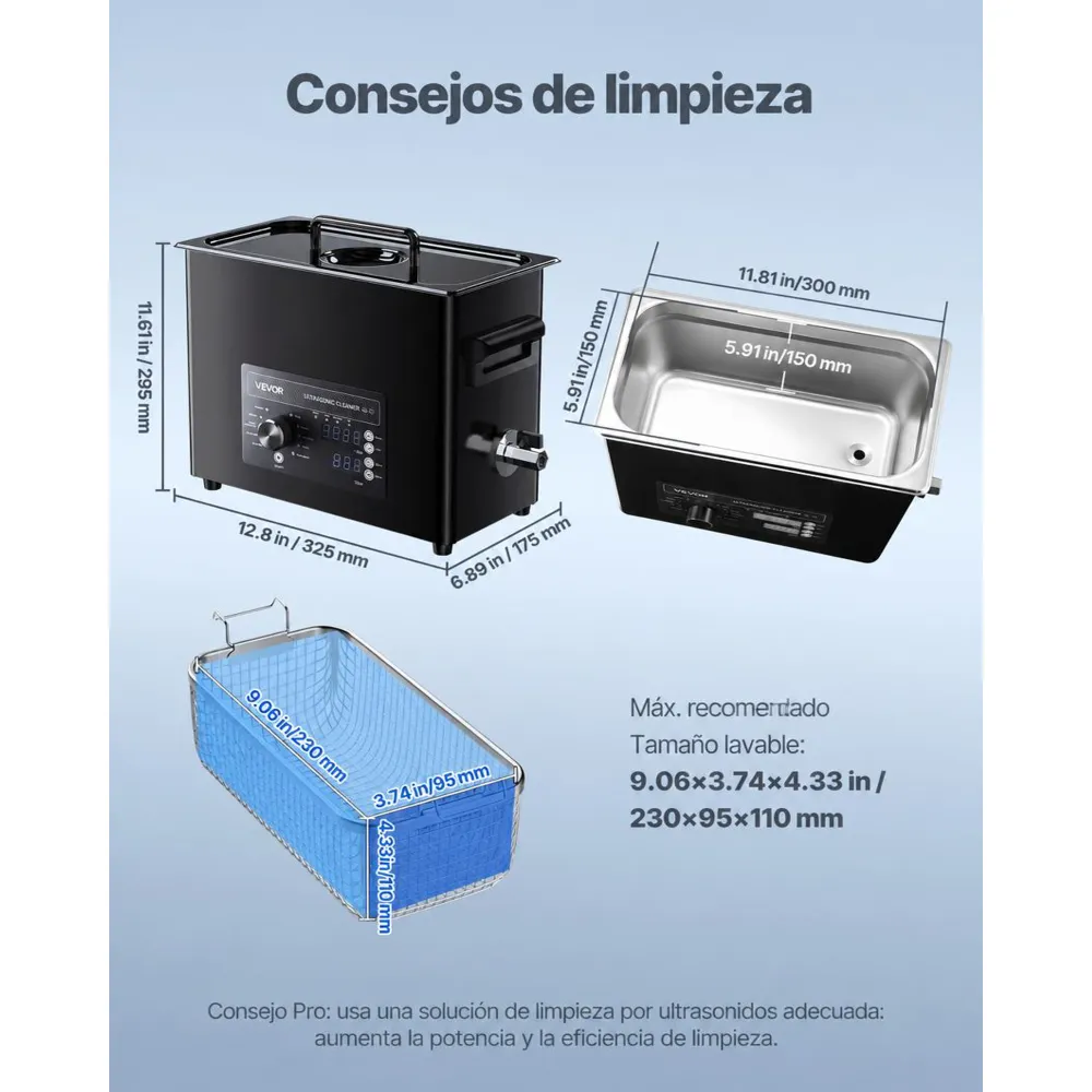 VEVOR Limpiador Ultrasónico 6 L, Máquina de Ultrasonido para Limpieza con Control de Perilla, de Acero Inoxidable, con Cesta y Bola de Limpieza para Relojes, Maquinillas de Afeitar, Joyas, Negro