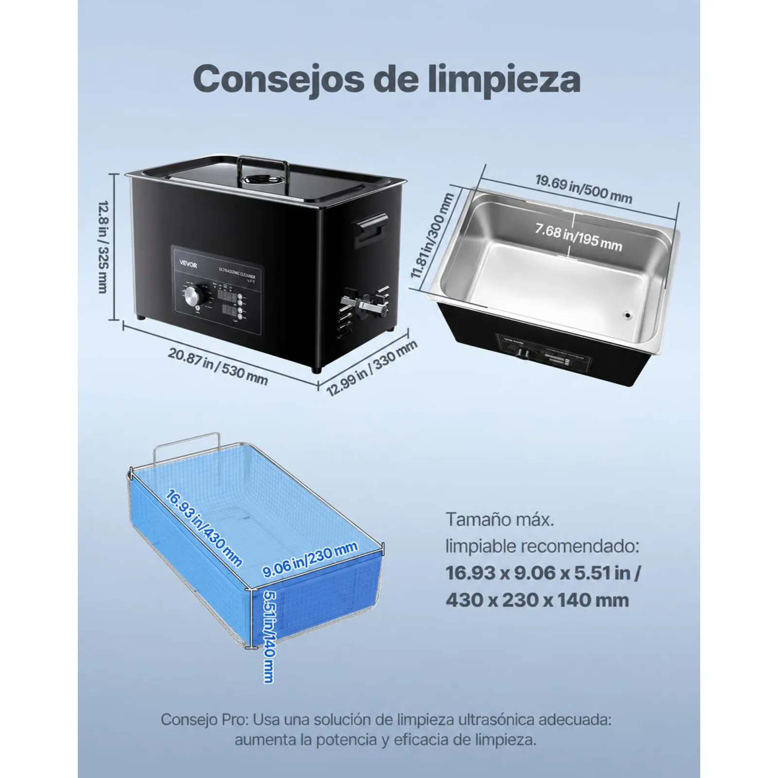 VEVOR Limpiador Ultrasónico 30 L, Máquina de Ultrasonido para Limpieza con Control de Perilla, de Acero Inoxidable, con Cesta y Bola de Limpieza para Relojes, Maquinillas de Afeitar, Joyas, Negro