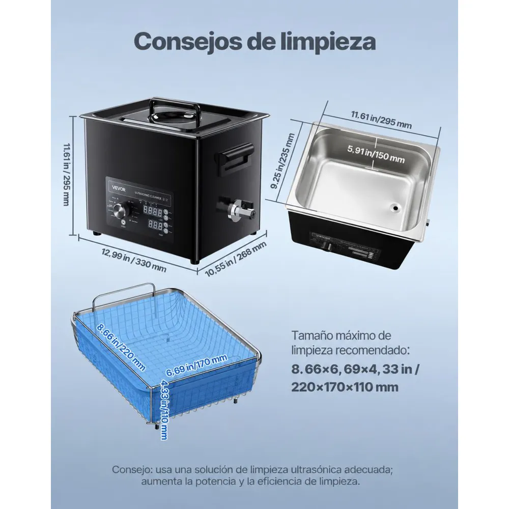 VEVOR Limpiador Ultrasónico 10 L, Máquina de Ultrasonido para Limpieza con Control de Perilla, de Acero Inoxidable, con Cesta y Bola de Limpieza para Relojes, Maquinillas de Afeitar, Joyas, Negro