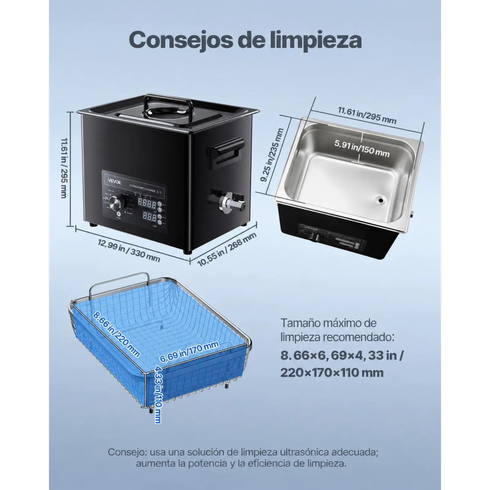 VEVOR Limpiador Ultrasónico 10 L, Máquina de Ultrasonido para Limpieza con Control de Perilla, de Acero Inoxidable, con Cesta y Bola de Limpieza para Relojes, Maquinillas de Afeitar, Joyas, Negro