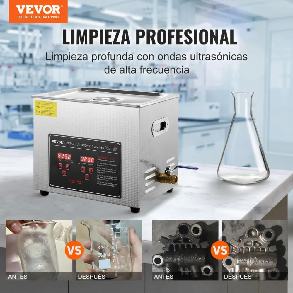 VEVOR Limpiador Ultrasónico Bandeja Ultrasónica Digital de Acero Inoxidable de 10L con Calefacción Tiempo y Temperatura Ajustable Dispositivo de Limpieza Ultrasónica para Joyería Gafas Relojes Clínico