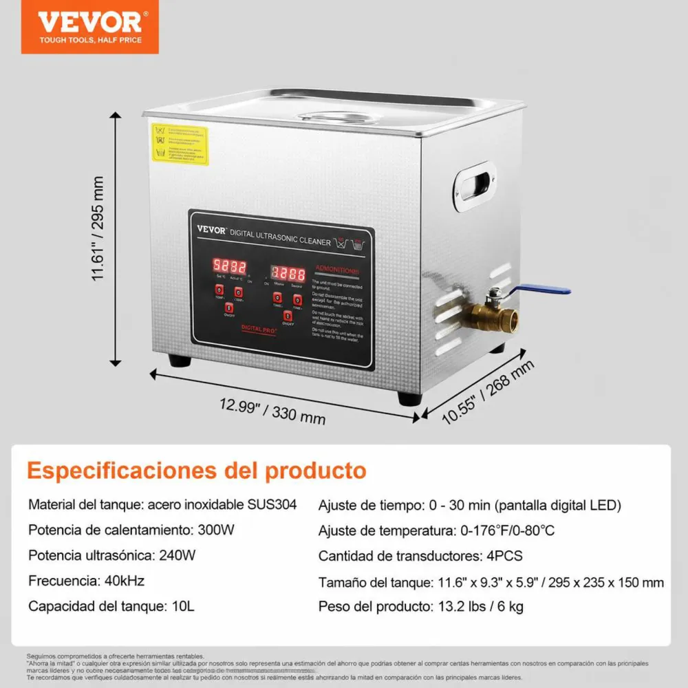 VEVOR Limpiador Ultrasónico Bandeja Ultrasónica Digital de Acero Inoxidable de 10L con Calefacción Tiempo y Temperatura Ajustable Dispositivo de Limpieza Ultrasónica para Joyería Gafas Relojes Clínico