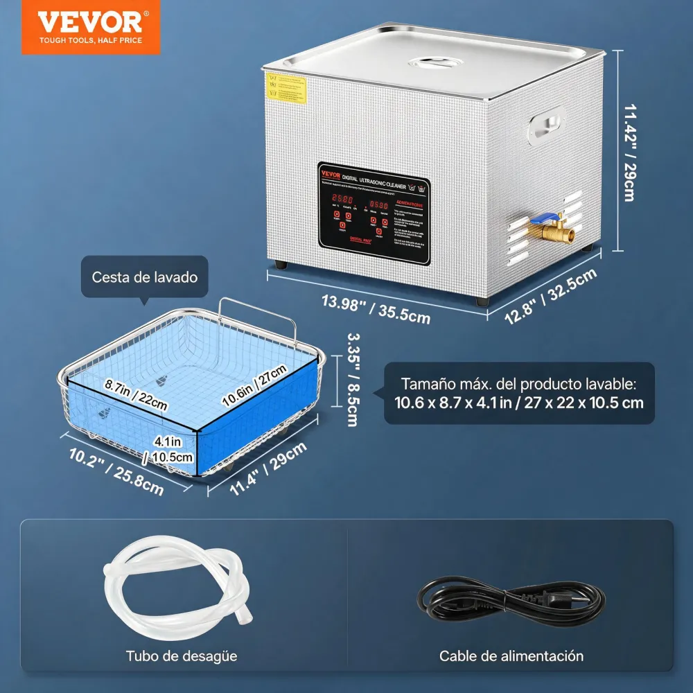 VEVOR Limpiador Ultrasónico 15 L con Temporizador y Calentador 360 W Limpiador Ultrasónico Digital 40 kHz con Cesta para Reloj Gafas Soporte de Joyería Piezas Industriales Herramientas Plata