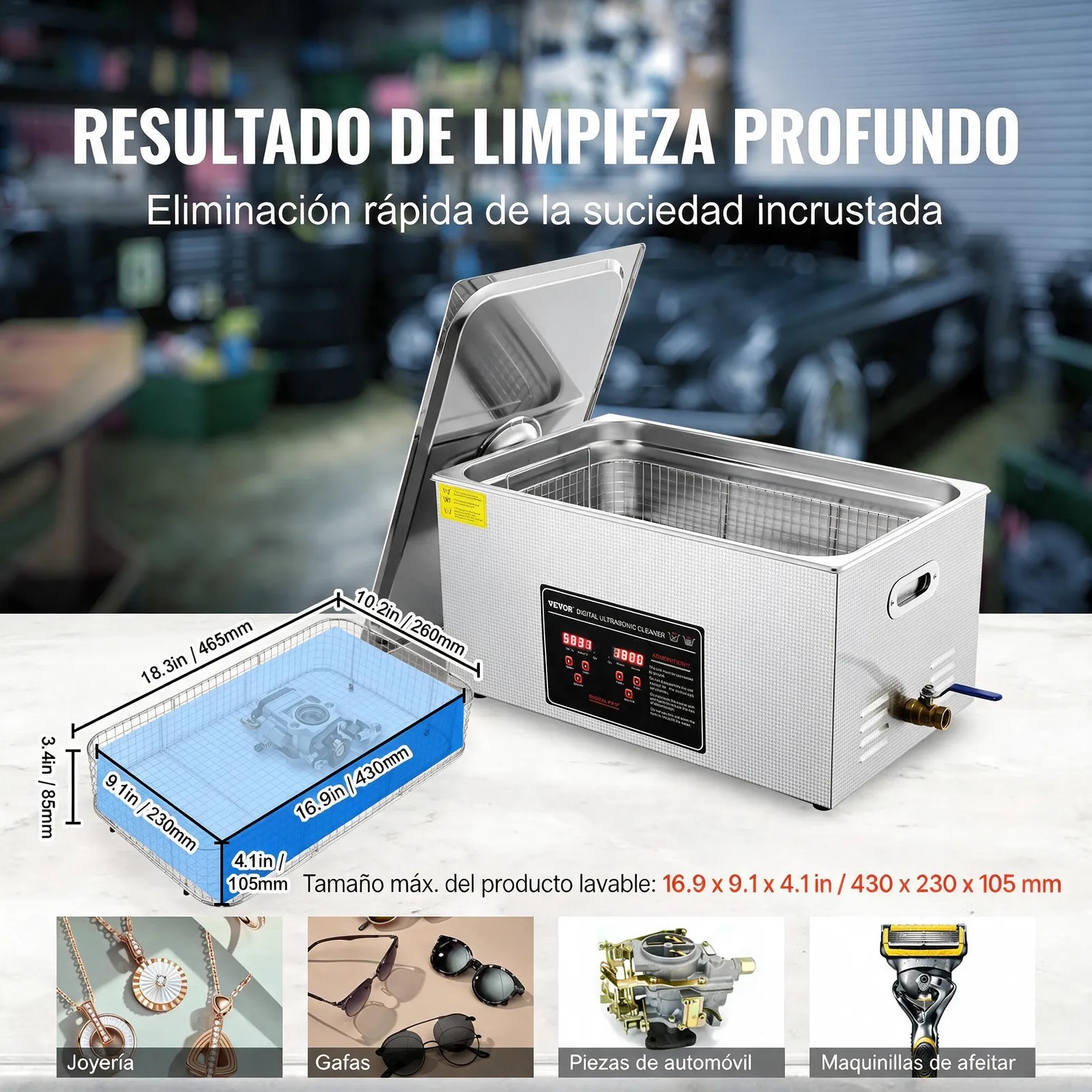 VEVOR Limpiador Ultrasónico 22L, Bandeja Ultrasónica Digital de Acero Inoxidable de con Calefacción Tiempo y Temperatura Ajustable Dispositivo de Limpieza Ultrasónica para Joyería Gafas Relojes