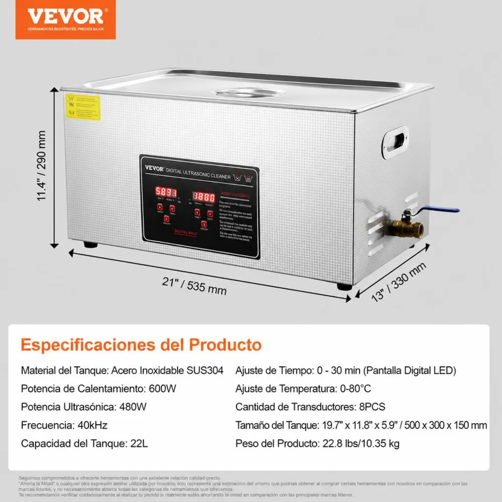 VEVOR Limpiador Ultrasónico 22L, Bandeja Ultrasónica Digital de Acero Inoxidable de con Calefacción Tiempo y Temperatura Ajustable Dispositivo de Limpieza Ultrasónica para Joyería Gafas Relojes