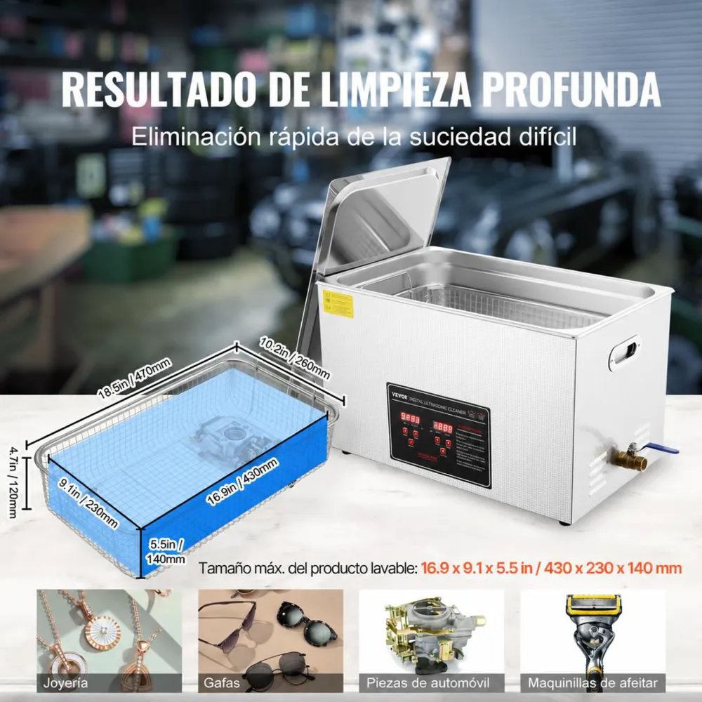 VEVOR Limpiador Ultrasónico 30L Bandeja Ultrasónica Digital de Acero Inoxidable con Calefacción Tiempo y Temperatura Ajustable Dispositivo de Limpieza Ultrasónica para Joyería Gafas Relojes