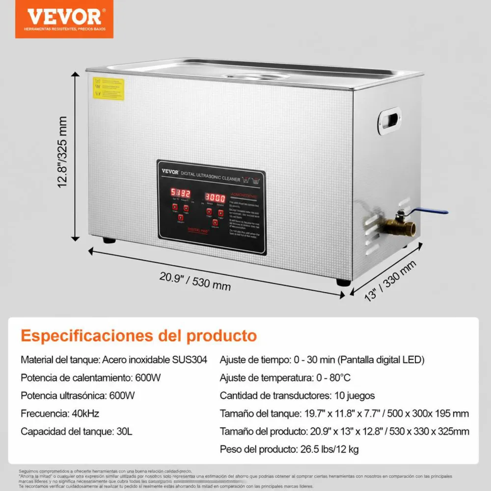 VEVOR Limpiador Ultrasónico 30L Bandeja Ultrasónica Digital de Acero Inoxidable con Calefacción Tiempo y Temperatura Ajustable Dispositivo de Limpieza Ultrasónica para Joyería Gafas Relojes