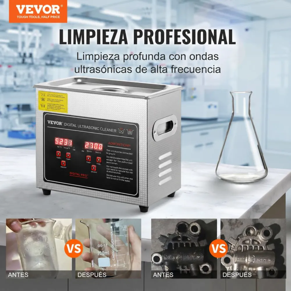 VEVOR Limpiador Ultrasónico 3L, Bandeja Ultrasónica Digital de Acero Inoxidable con Calefacción Tiempo y Temperatura Ajustable Dispositivo de Limpieza Ultrasónica para Joyería Gafas Relojes