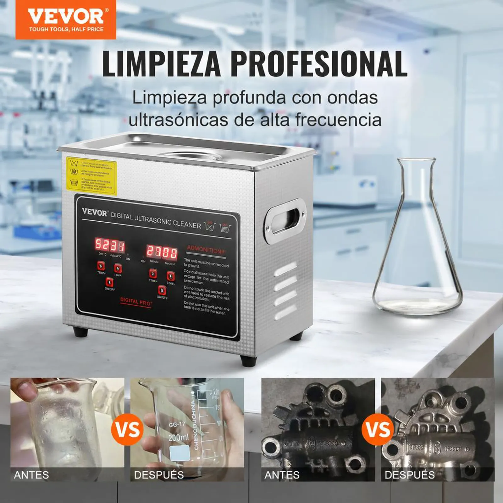 VEVOR Limpiador Ultrasónico 3L, Bandeja Ultrasónica Digital de Acero Inoxidable con Calefacción Tiempo y Temperatura Ajustable Dispositivo de Limpieza Ultrasónica para Joyería Gafas Relojes