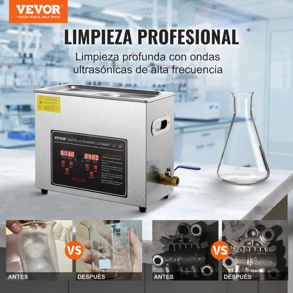 VEVOR Limpiador Ultrasónico 6L, Bandeja Ultrasónica Digital de Acero Inoxidable con Calefacción Tiempo y Temperatura Ajustable Dispositivo de Limpieza Ultrasónica para Joyería Gafas Relojes