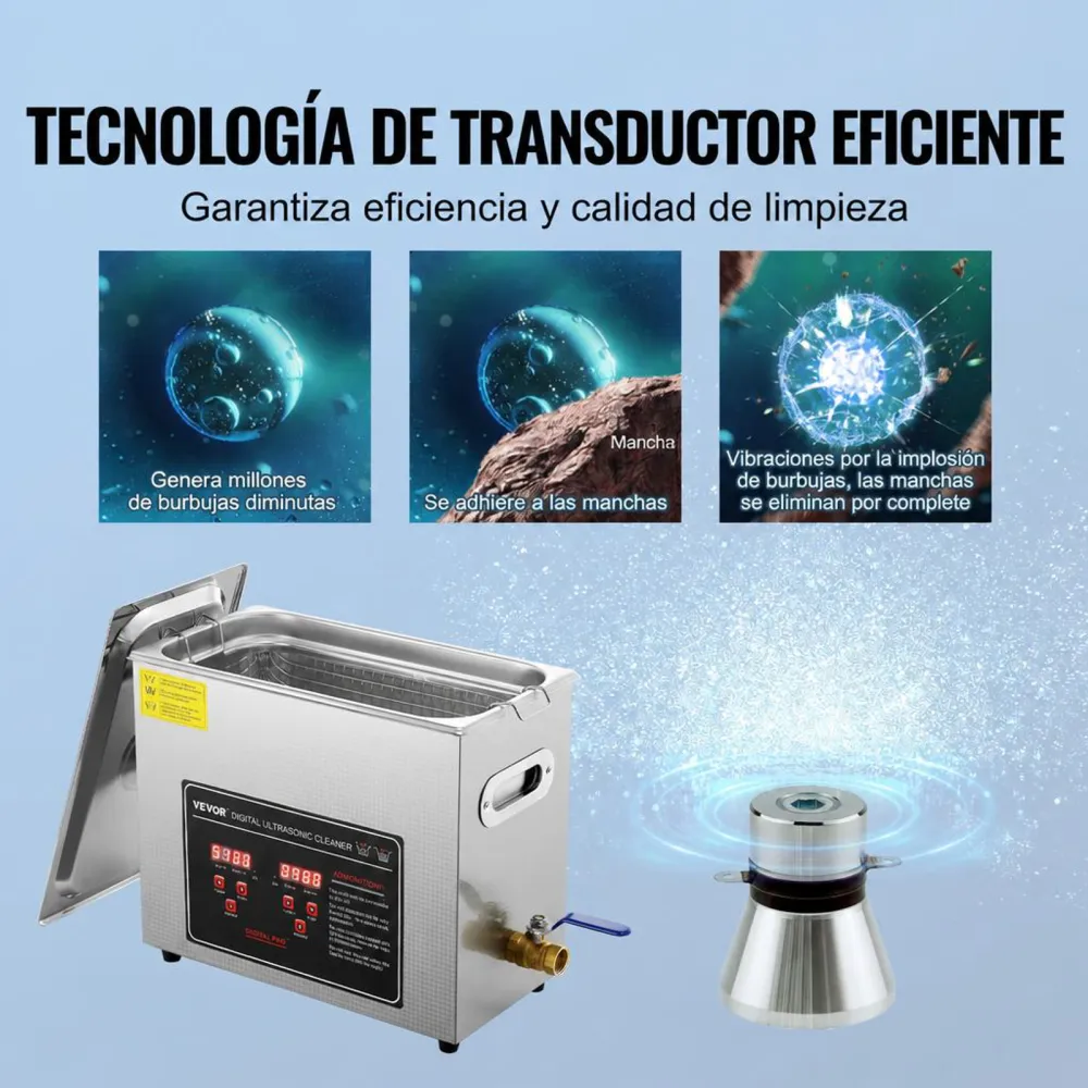 VEVOR Limpiador Ultrasónico 6L, Bandeja Ultrasónica Digital de Acero Inoxidable con Calefacción Tiempo y Temperatura Ajustable Dispositivo de Limpieza Ultrasónica para Joyería Gafas Relojes