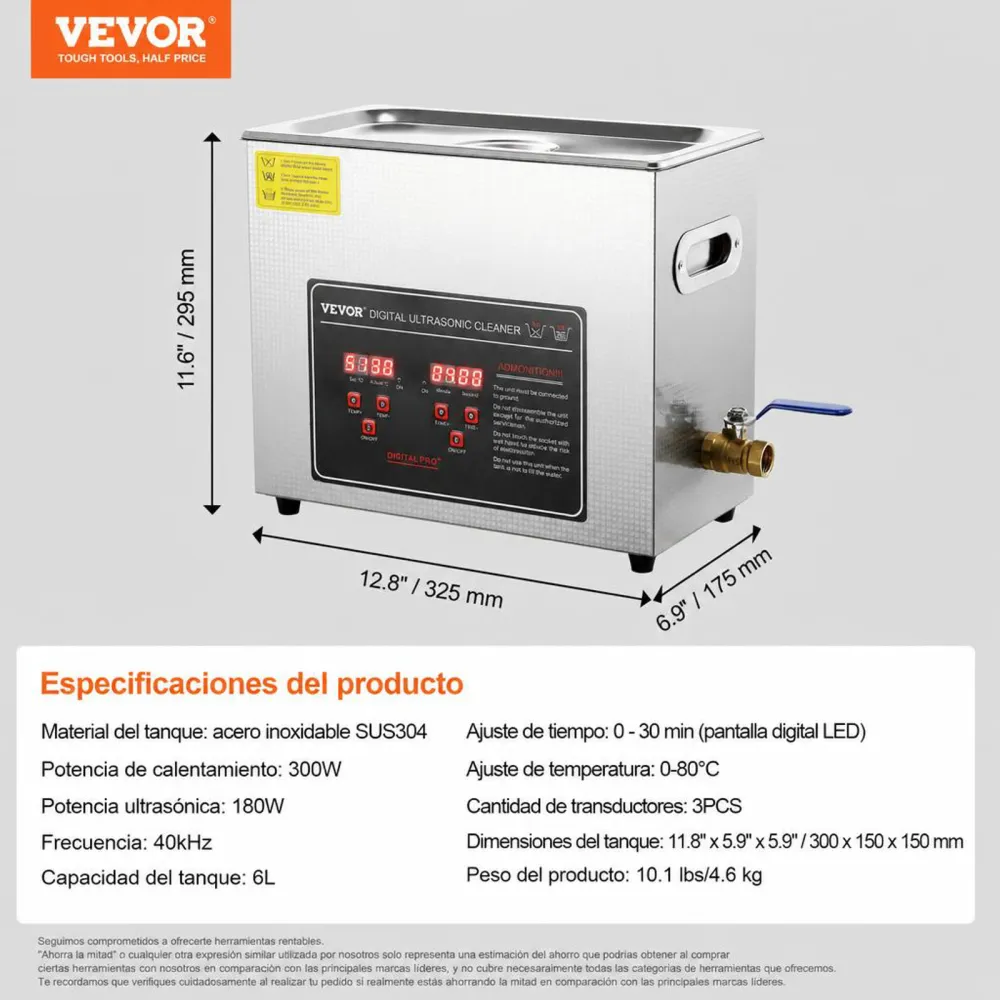 VEVOR Limpiador Ultrasónico 6L, Bandeja Ultrasónica Digital de Acero Inoxidable con Calefacción Tiempo y Temperatura Ajustable Dispositivo de Limpieza Ultrasónica para Joyería Gafas Relojes