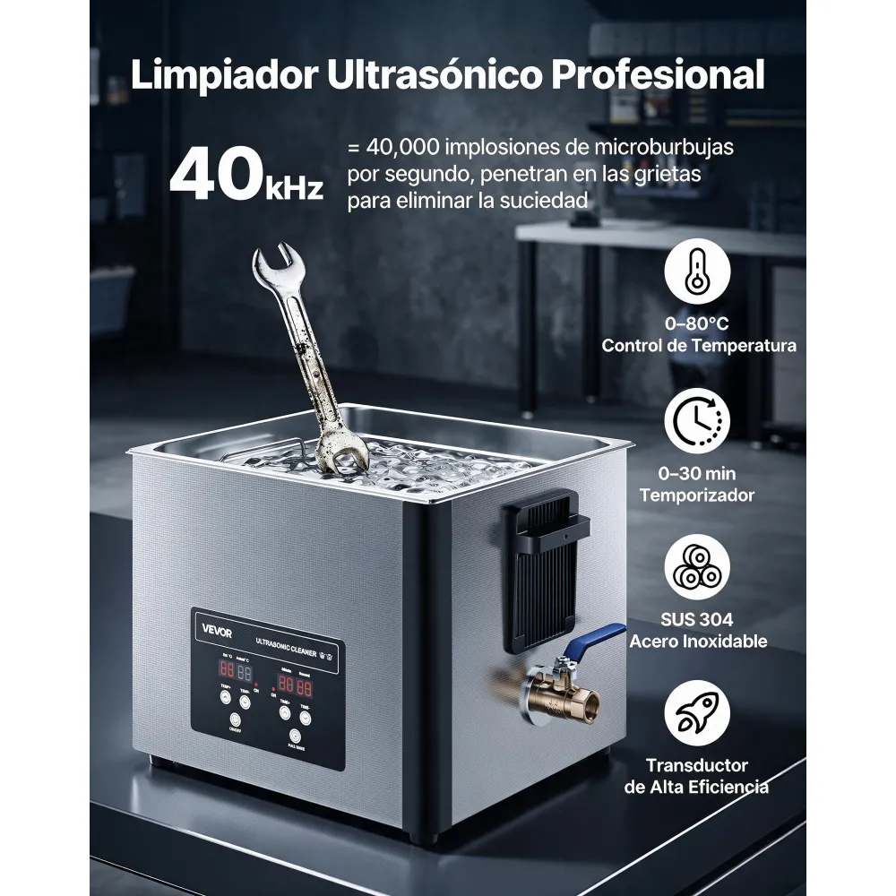 VEVOR Limpiador Ultrasónico 15 L, Máquina de Limpieza Ultrasónica Profesional con Cesta de Limpieza y Pantalla Digital, Acero Inoxidable, 240 W y 40 kHz, para Piezas, Carburadores e Instrumentos