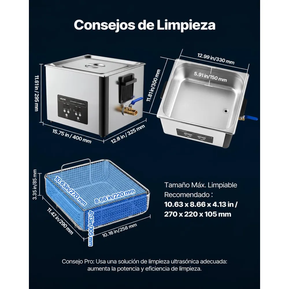 VEVOR Limpiador Ultrasónico 15 L, Máquina de Limpieza Ultrasónica Profesional con Cesta de Limpieza y Pantalla Digital, Acero Inoxidable, 240 W y 40 kHz, para Piezas, Carburadores e Instrumentos