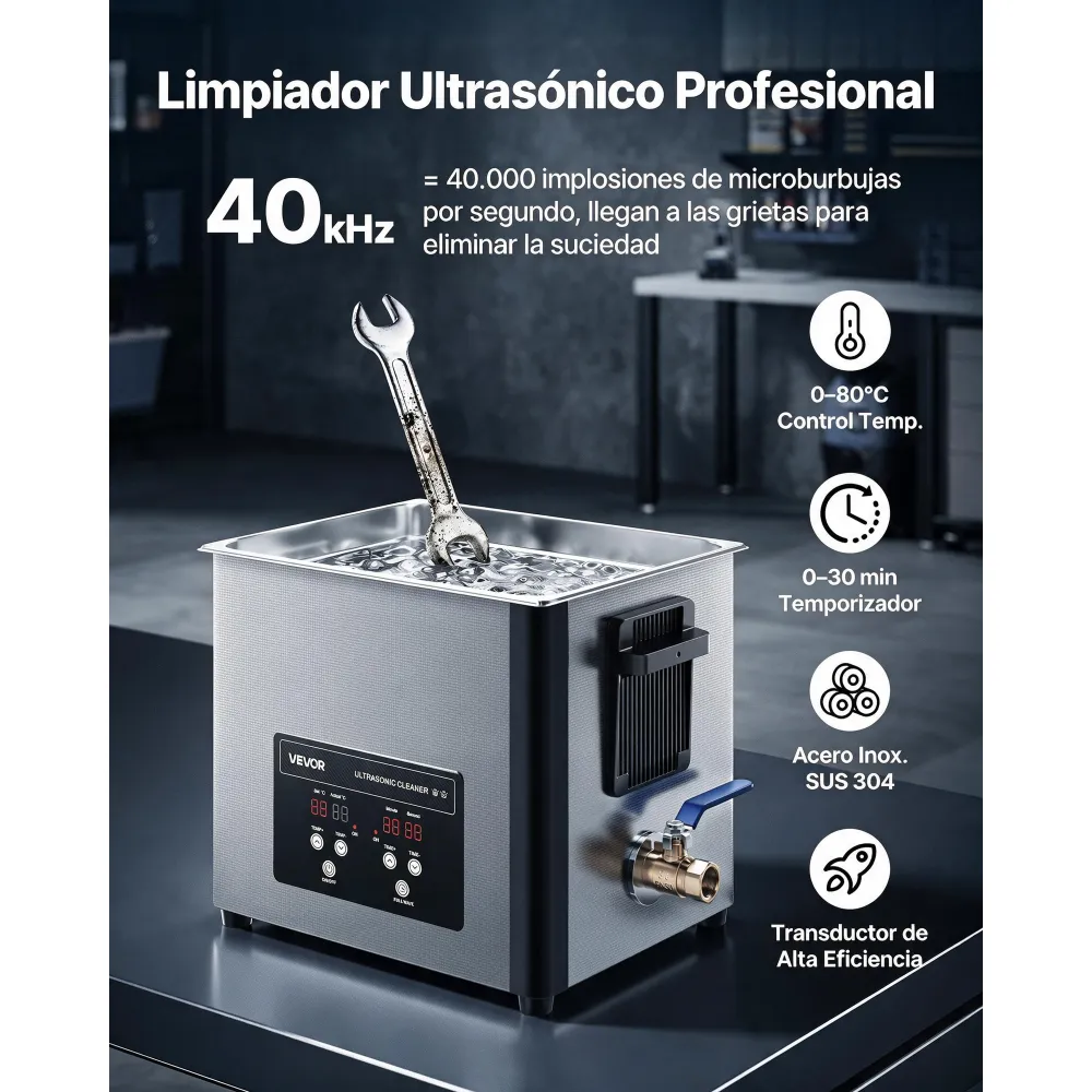 VEVOR Limpiador Ultrasónico 10 L, Máquina de Limpieza Ultrasónica Profesional con Cesta de Limpieza y Pantalla Digital, Acero Inoxidable, 180 W y 40 kHz, para Piezas, Carburadores e Instrumentos