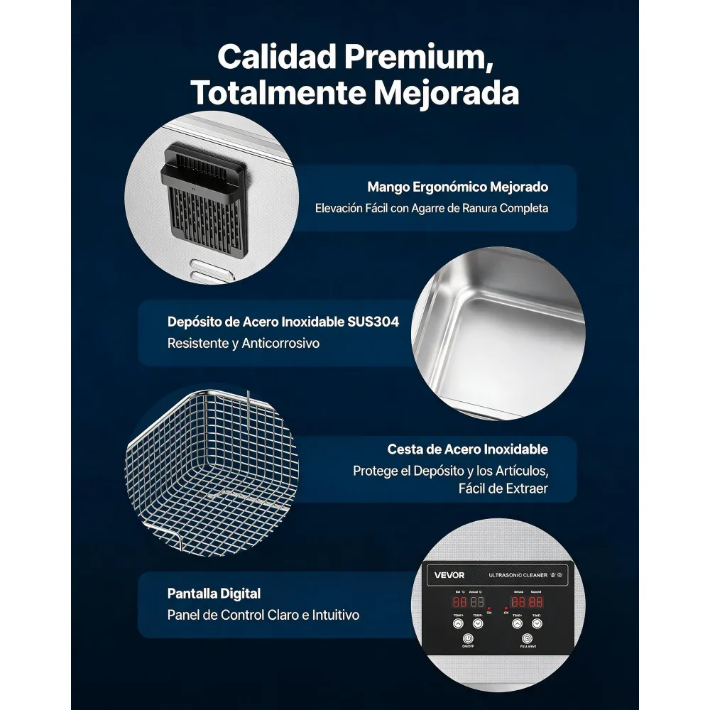 VEVOR Limpiador Ultrasónico 10 L, Máquina de Limpieza Ultrasónica Profesional con Cesta de Limpieza y Pantalla Digital, Acero Inoxidable, 180 W y 40 kHz, para Piezas, Carburadores e Instrumentos