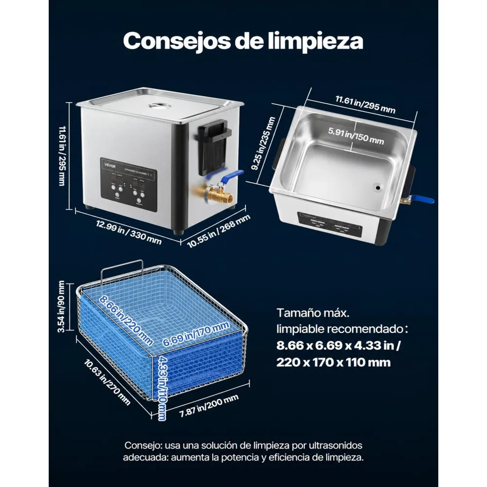 VEVOR Limpiador Ultrasónico 10 L, Máquina de Limpieza Ultrasónica Profesional con Cesta de Limpieza y Pantalla Digital, Acero Inoxidable, 180 W y 40 kHz, para Piezas, Carburadores e Instrumentos