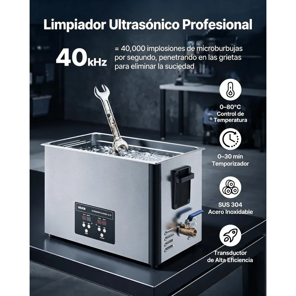 VEVOR Limpiador Ultrasónico 30 L, Máquina de Limpieza Ultrasónica Profesional con Cesta de Limpieza y Pantalla Digital, 480 W, Acero Inoxidable, 40 kHz, para Piezas, Carburadores e Instrumentos