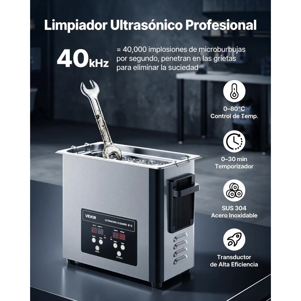 VEVOR Limpiador Ultrasónico 6 L, Máquina de Limpieza Ultrasónica Profesional con Cesta de Limpieza y Pantalla Digital, Acero Inoxidable, 120 W y 40 kHz, para Relojes y Joyas, 380 x 180 x 295 mm