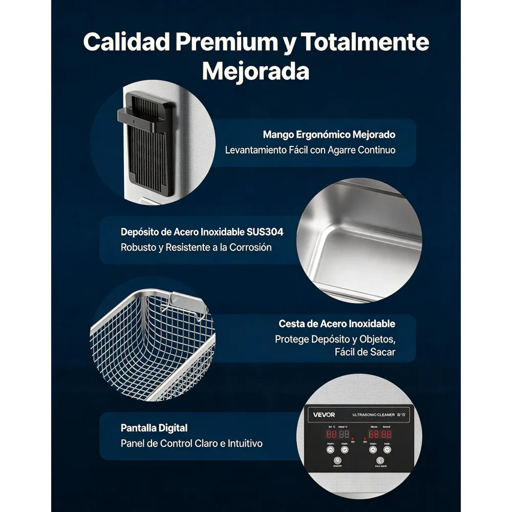 VEVOR Limpiador Ultrasónico 6 L, Máquina de Limpieza Ultrasónica Profesional con Cesta de Limpieza y Pantalla Digital, Acero Inoxidable, 120 W y 40 kHz, para Relojes y Joyas, 380 x 180 x 295 mm