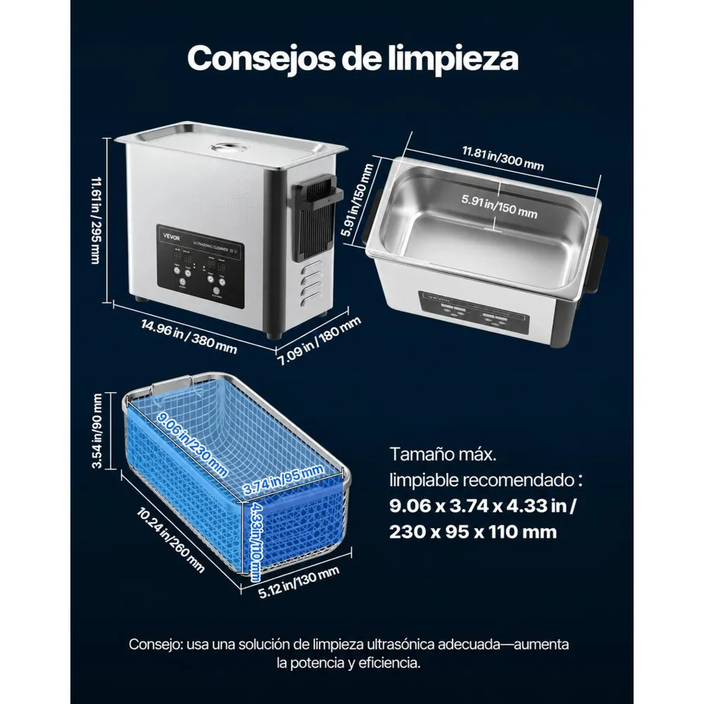 VEVOR Limpiador Ultrasónico 6 L, Máquina de Limpieza Ultrasónica Profesional con Cesta de Limpieza y Pantalla Digital, Acero Inoxidable, 120 W y 40 kHz, para Relojes y Joyas, 380 x 180 x 295 mm
