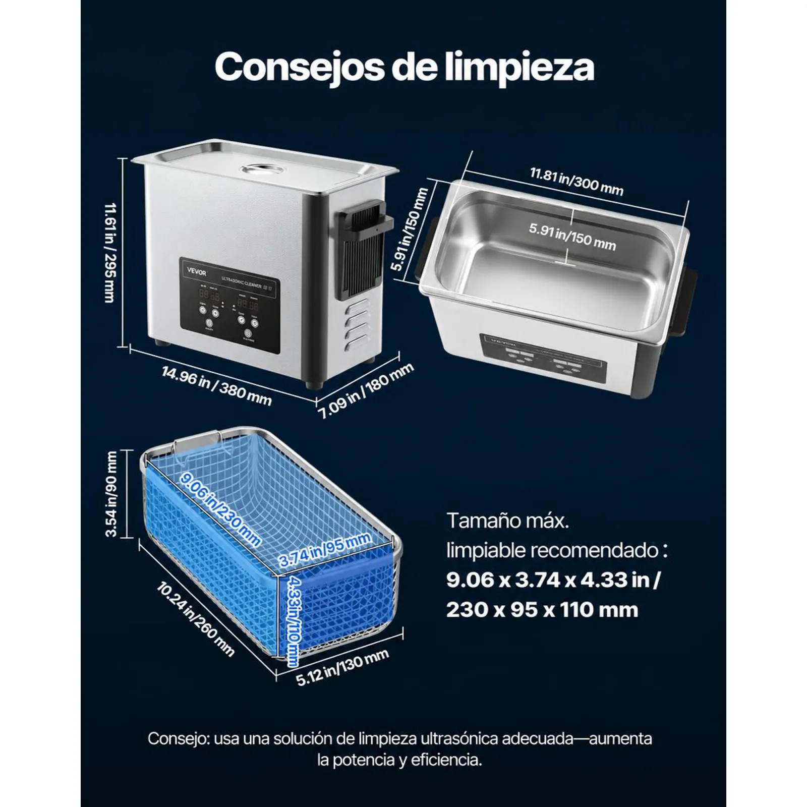 VEVOR Limpiador Ultrasónico 6 L, Máquina de Limpieza Ultrasónica Profesional con Cesta de Limpieza y Pantalla Digital, Acero Inoxidable, 120 W y 40 kHz, para Relojes y Joyas, 380 x 180 x 295 mm