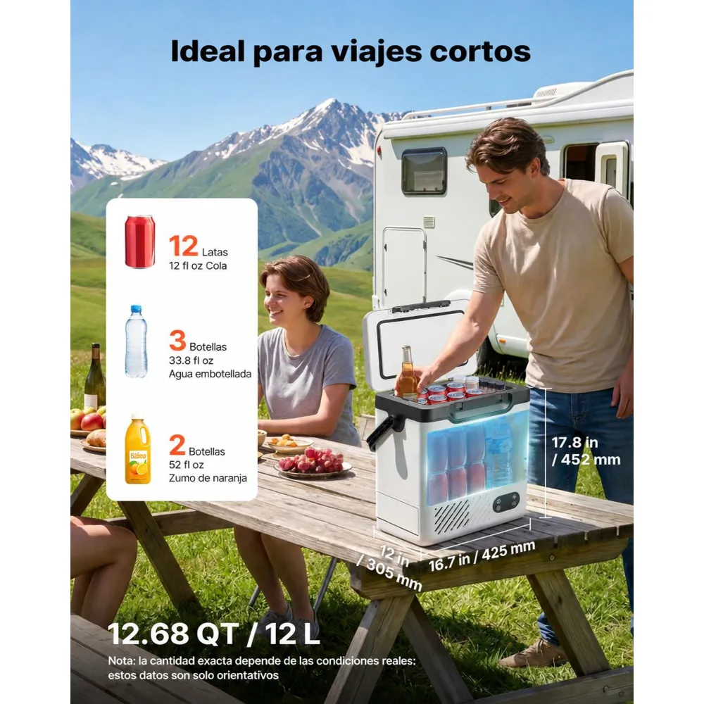 VEVOR Nevera Portátil para Coche 12 L, Zona Única, Refrigerador para Coche con Compresor 12/24 V CC 100-240 V CA, Temperatura Ajustable de -20 °C a 20 °C, para Camiones, Furgonetas, Camping, Viajes