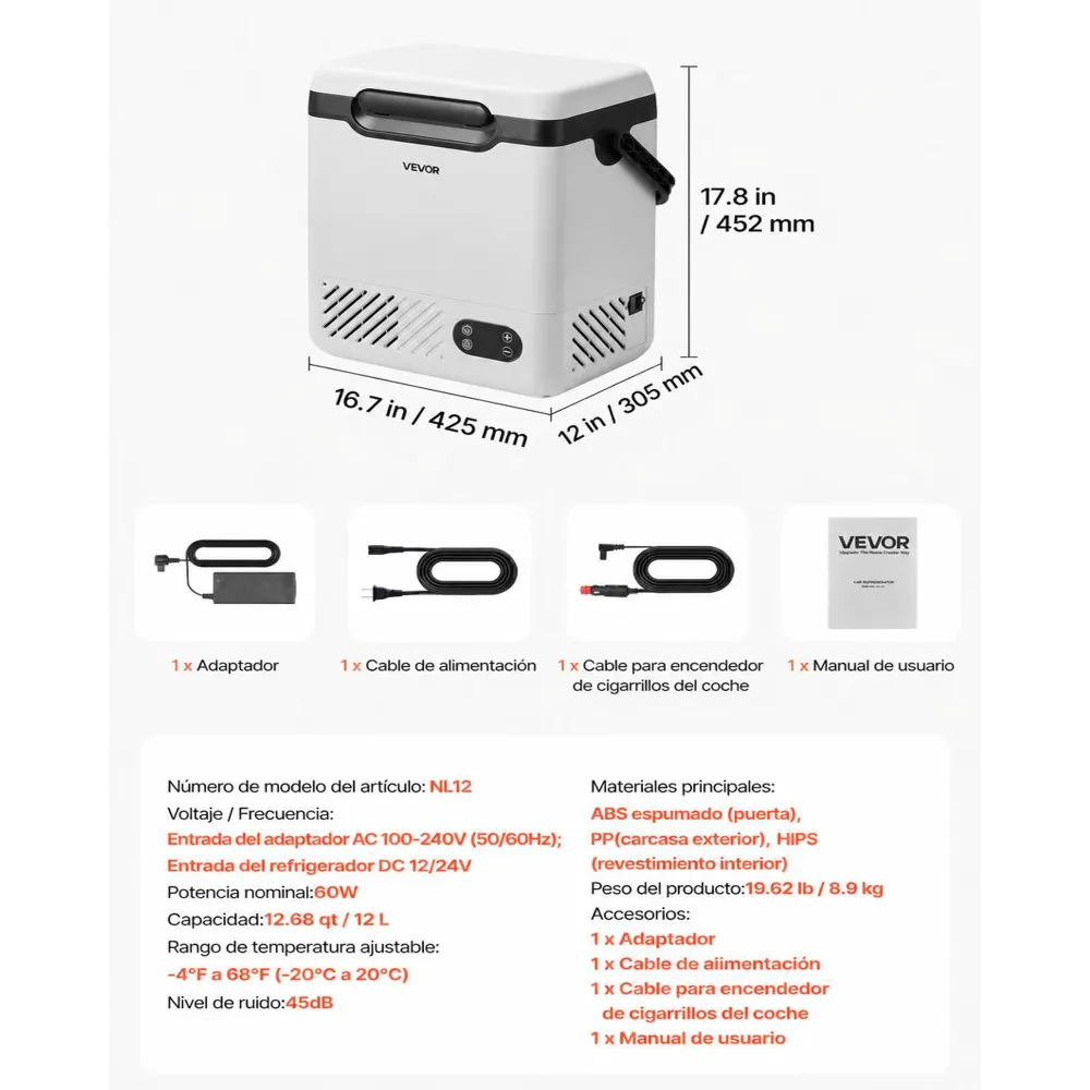 VEVOR Nevera Portátil para Coche 12 L, Zona Única, Refrigerador para Coche con Compresor 12/24 V CC 100-240 V CA, Temperatura Ajustable de -20 °C a 20 °C, para Camiones, Furgonetas, Camping, Viajes