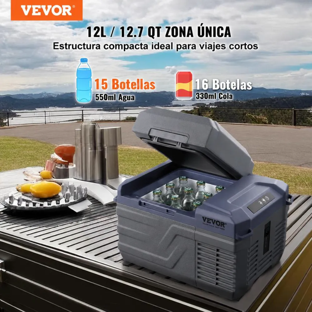 VEVOR Nevera de Compresión Portátil 12 L Mini Nevera para Coche 12/24V CC y 100-240V CA Caja Enfriadora de Zona Única Temperatura Ajustable de -20°C a 20°C para Camión Barco Casa Camping