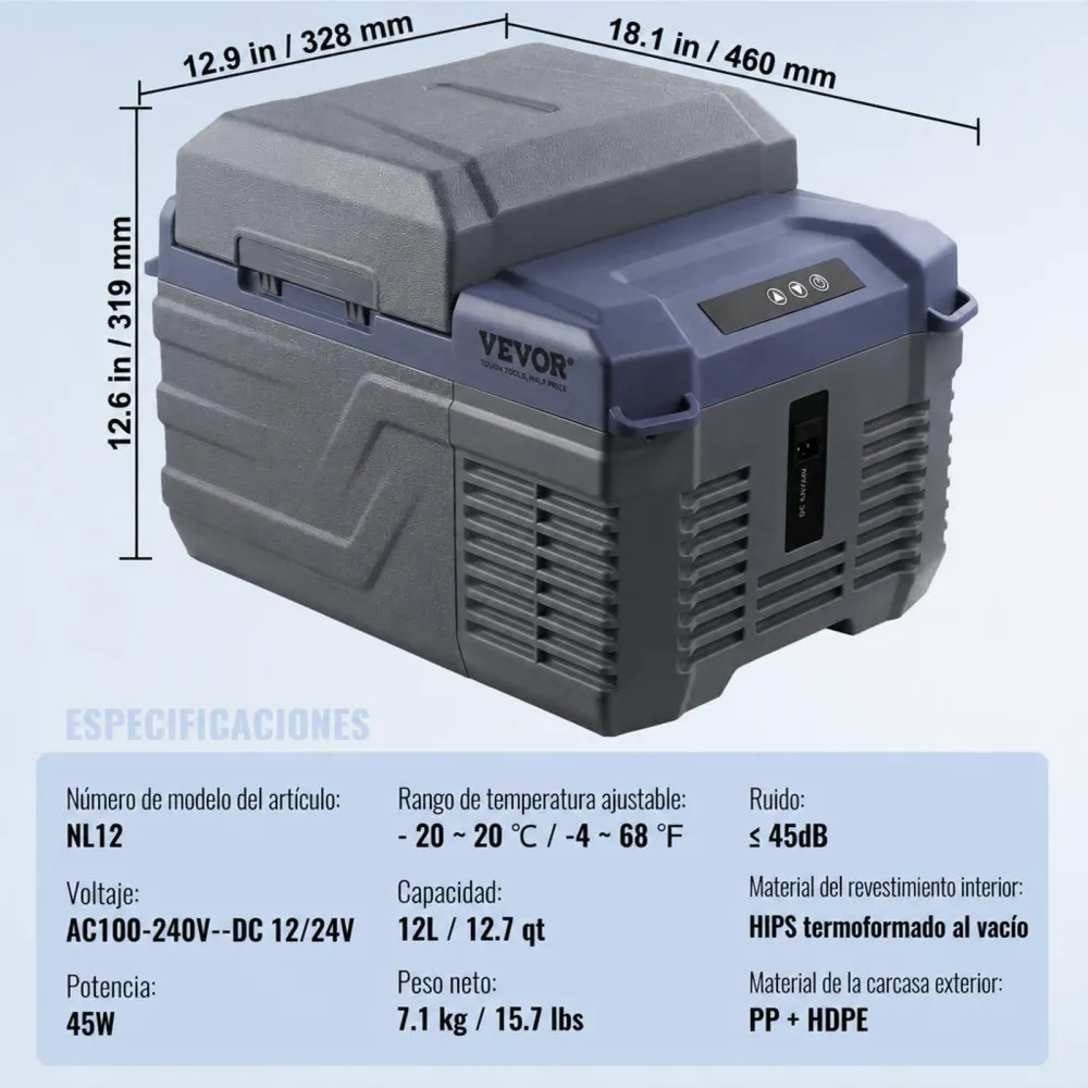 VEVOR Nevera de Compresión Portátil 12 L Mini Nevera para Coche 12/24V CC y 100-240V CA Caja Enfriadora de Zona Única Temperatura Ajustable de -20°C a 20°C para Camión Barco Casa Camping