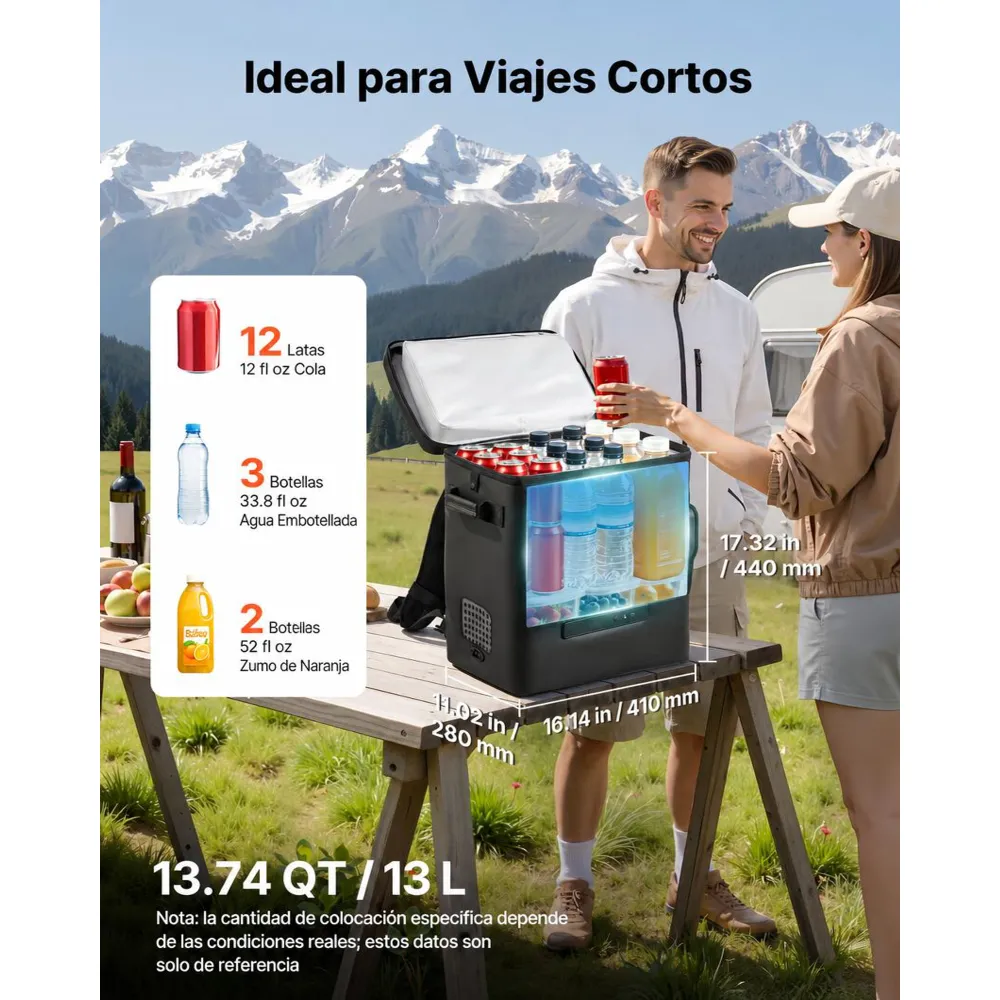 VEVOR Nevera Portátil para Coche 13 L, Zona Única, Refrigerador para Coche con Compresor 12/24 V CC, Temperatura Ajustable de -6 °C a 10 °C, para Camiones, Furgonetas, Autocaravanas, Camping, Viajes