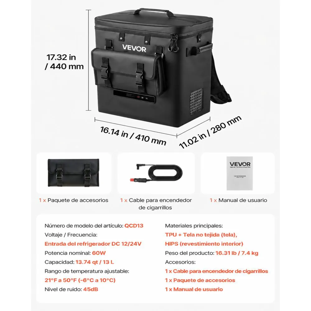 VEVOR Nevera Portátil para Coche 13 L, Zona Única, Refrigerador para Coche con Compresor 12/24 V CC, Temperatura Ajustable de -6 °C a 10 °C, para Camiones, Furgonetas, Autocaravanas, Camping, Viajes